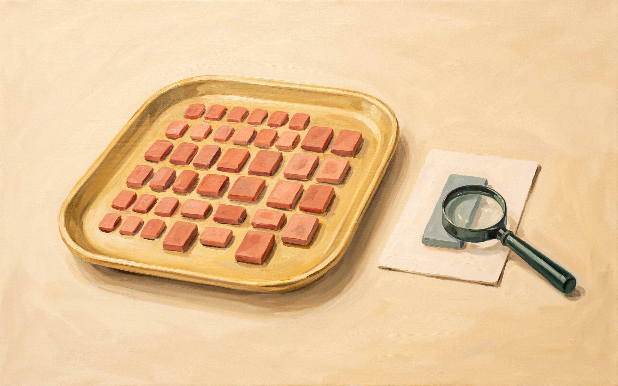 油画插图:黄色托盘中整齐排列着陶红色拼块,一块蓝灰色替换块单独放在旁边的卡片上,深绿色放大镜覆盖其上